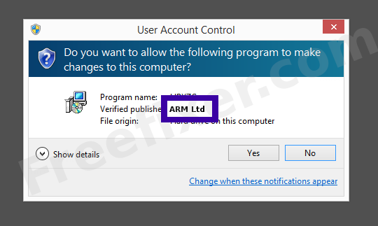 Screenshot where ARM Ltd appears as the verified publisher in the UAC dialog